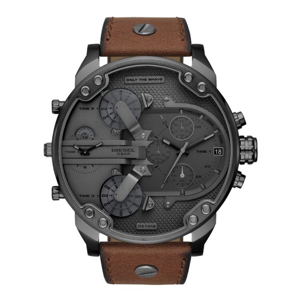 Diesel Men’s Quartz Brown Leather Strap Grey Dial 57mm (Four Time zone) Watch DZ7413