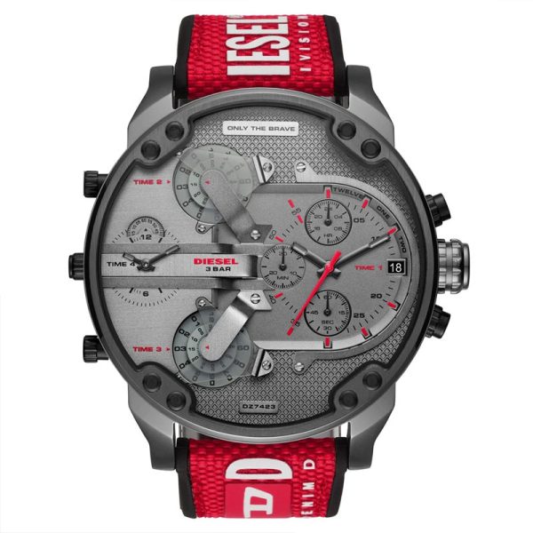 Diesel Men’s Quartz Red Nylon & Silicone Strap Grey Dial 57mm (Four Time zone) Watch DZ7423 UAE DUBAI AJMAN SHARJAH ABU DHABI RAS AL KHAIMA UMM UL QUWAIN ALAIN FUJAIRAH