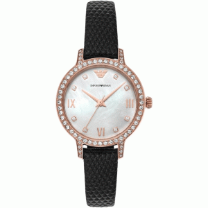 Emporio Armani Women’s Quartz Black Leather Strap Mother Of Pearl Dial 32mm Watch AR11485