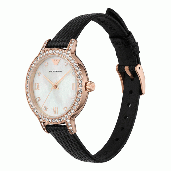 Emporio Armani Women’s Quartz Black Leather Strap Mother Of Pearl Dial 32mm Watch AR11485