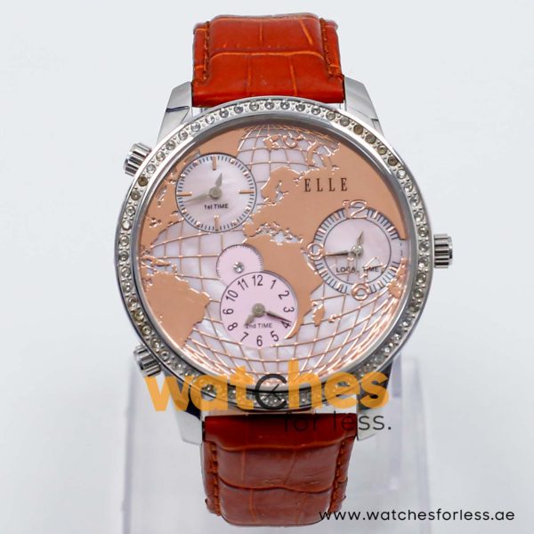 Elle Women’s Quartz Dark Orange Leather Strap Peach & Mother Of Pearl Dial 45mm (Three Time Zone) Watch EL20070S03C