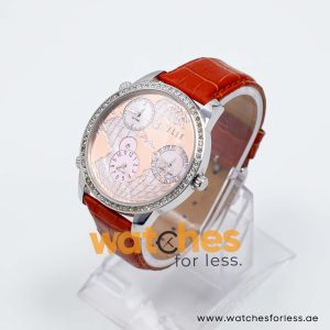 Elle Women’s Quartz Dark Orange Leather Strap Peach & Mother Of Pearl Dial 45mm (Three Time Zone) Watch EL20070S03C