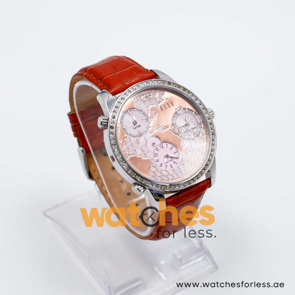 Elle Women’s Quartz Dark Orange Leather Strap Peach & Mother Of Pearl Dial 45mm (Three Time Zone) Watch EL20070S03C