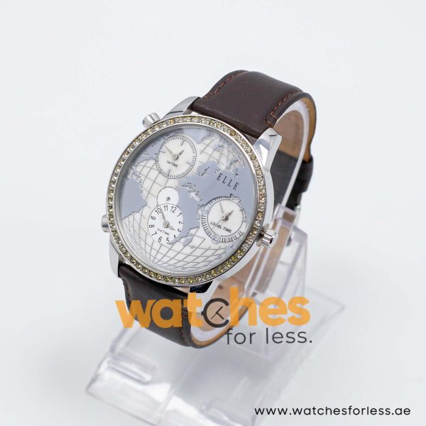 Elle Women’s Quartz Dark Brown Leather Strap Grey & Mother Of Pearl Dial 45mm (Three Time Zone) Watch EL20070S01C