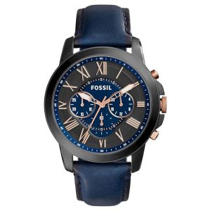 Fossil Men’s Quartz Blue Leather Strap Black & Blue Dial 44mm Watch FS5061 (Without Tag)