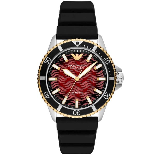 Emporio Armani Men’s Automatic Black Silicone Strap Red Dial 43mm Watch AR60070