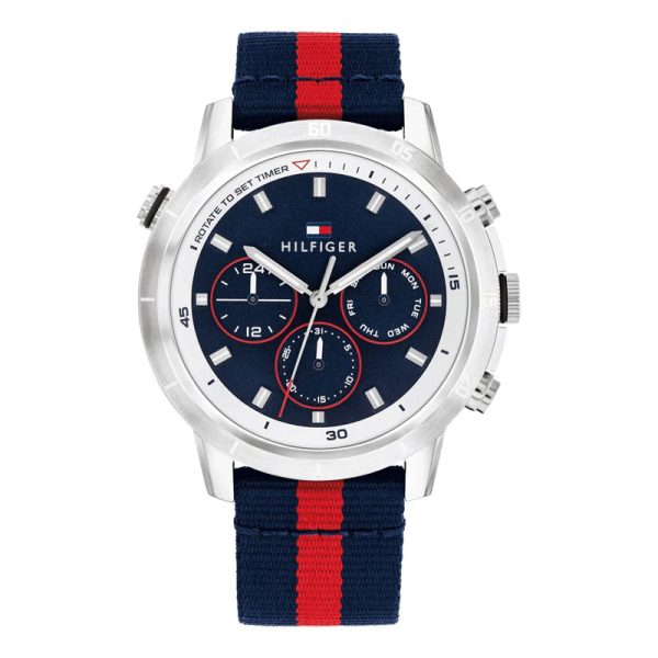 Tommy Hilfiger Men’s Quartz Navy Blue & Red Nylon Strap Navy Blue Dial 46mm Watch 1792124