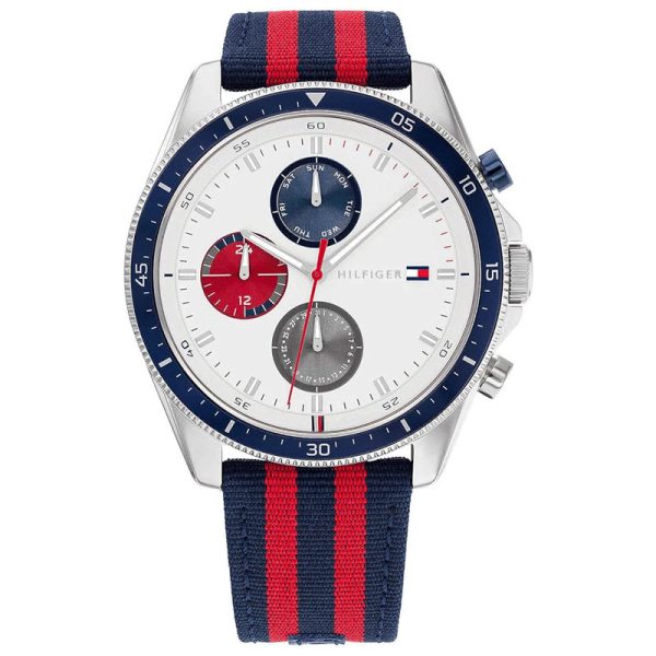 Tommy Hilfiger Men’s Quartz Blue & Red Nylon Strap White Dial 44mm Watch 1792035