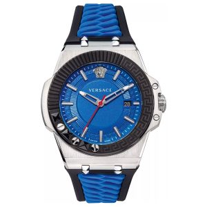 Versace Men’s Quartz Swiss Made Black & Blue Silicone Strap Blue Dial 45mm Watch VEDY00119