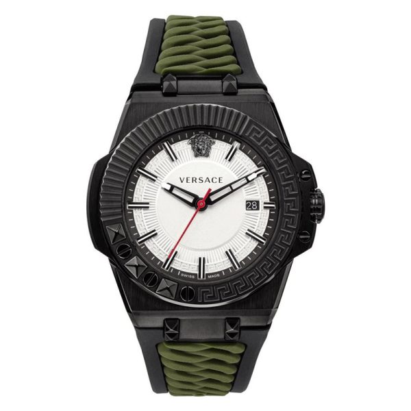 Versace Men’s Quartz Swiss Made Black & Olive Green Silicone Strap White Dial 45mm Watch VEDY00419