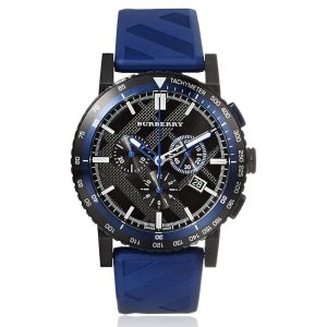 Burberry Men’s Swiss Made Quartz Blue Silicone Strap Black Dial 42mm Watch BU9807