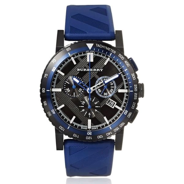 Burberry Men’s Swiss Made Quartz Blue Silicone Strap Black Dial 42mm Watch BU9807