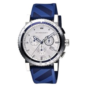 Burberry Men’s Swiss Made Quartz Blue Silicone Strap Silver Sunray Dial 42mm Watch BU9808