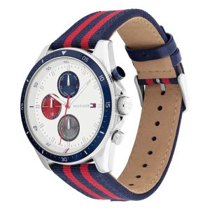 Tommy Hilfiger Men’s Quartz Blue & Red Nylon Strap White Dial 44mm Watch 1792035