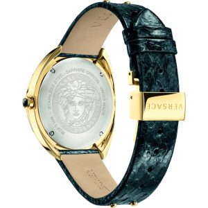 Versace Women’s Quartz Swiss Made Black Leather Strap Gold Dial 38mm Watch VEBM01118