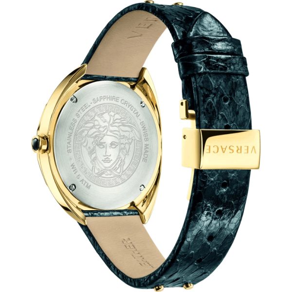 Versace Women’s Quartz Swiss Made Black Leather Strap Gold Dial 38mm Watch VEBM01118