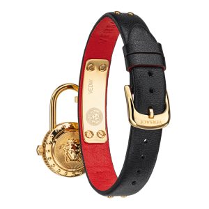 Versace Women’s Quartz Swiss Made Black & Red Leather Strap Gold Dial 22mm Lock Icon Watch VEDW00119