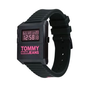 Tommy Hilfiger Unisex’s Digital Black Silicone Strap Pink Dial 35mm Watch 1791676