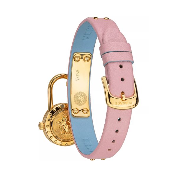 Versace Women’s Quartz Swiss Made Sky Blue & Pink Leather Strap Gold Dial 22mm Lock Icon Watch VEDW00219