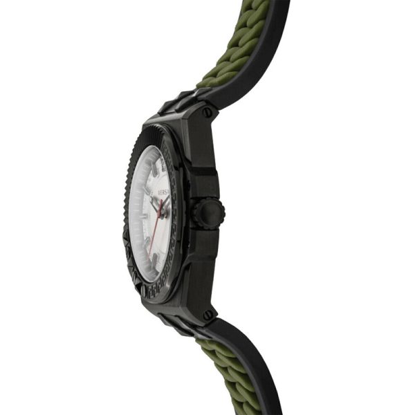 Versace Men’s Quartz Swiss Made Black & Olive Green Silicone Strap White Dial 45mm Watch VEDY00419