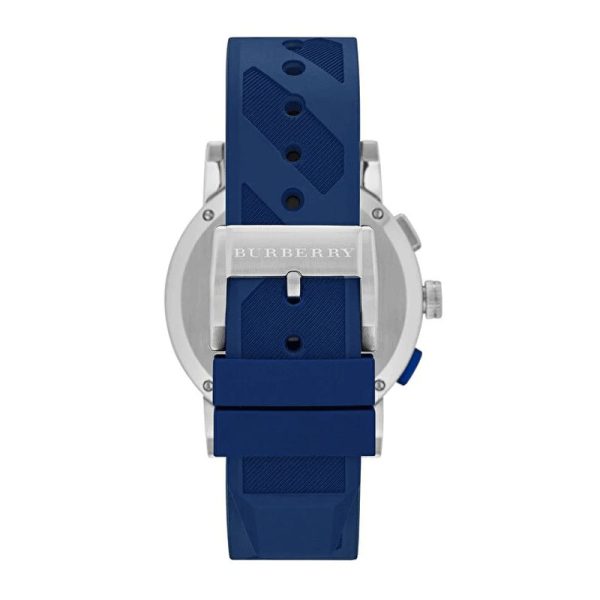 Burberry Men’s Swiss Made Quartz Blue Silicone Strap Silver Sunray Dial 42mm Watch BU9808