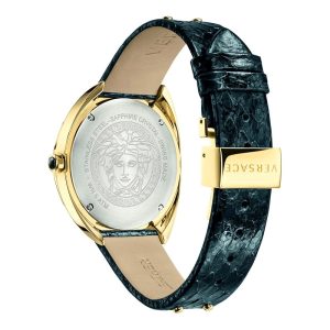 Versace Women’s Quartz Swiss Made Black Leather Strap Gold Dial 38mm Watch VEBM01018