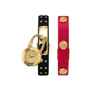 Versace Women’s Quartz Swiss Made Black & Red Leather Strap Gold Dial 22mm Lock Icon Watch VEDW00119