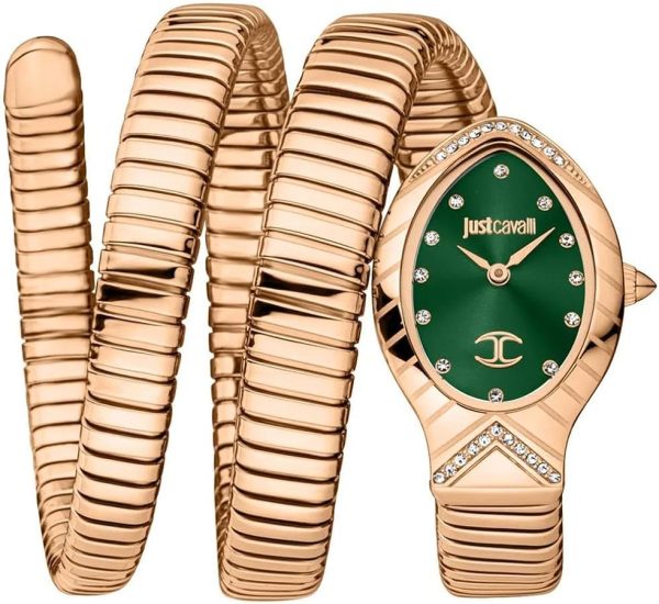 Just Cavalli Women’s Quartz Rose Gold Snake Stainless Steel Bottle Green Dial 22mm Watch JC1L248M0045