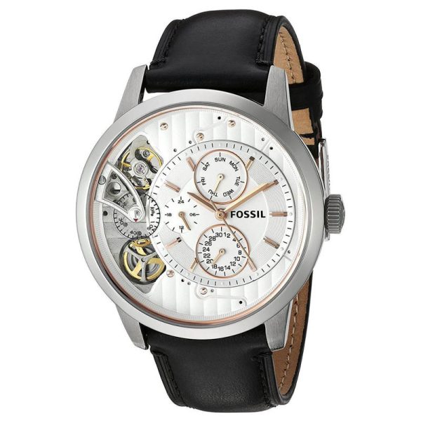 Fossil Men’s Automatic Black Leather Strap White Skeleton Dial 44mm Watch ME1164