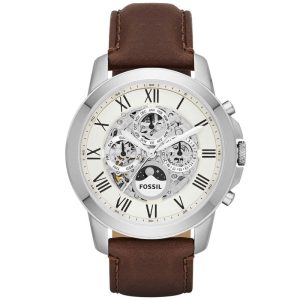 Fossil Men’s Automatic Brown Leather Strap Off-White Skeleton Dial 44mm Watch ME3027