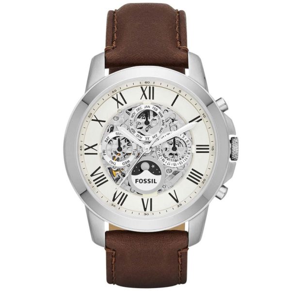 Fossil Men’s Automatic Brown Leather Strap Off-White Skeleton Dial 44mm Watch ME3027