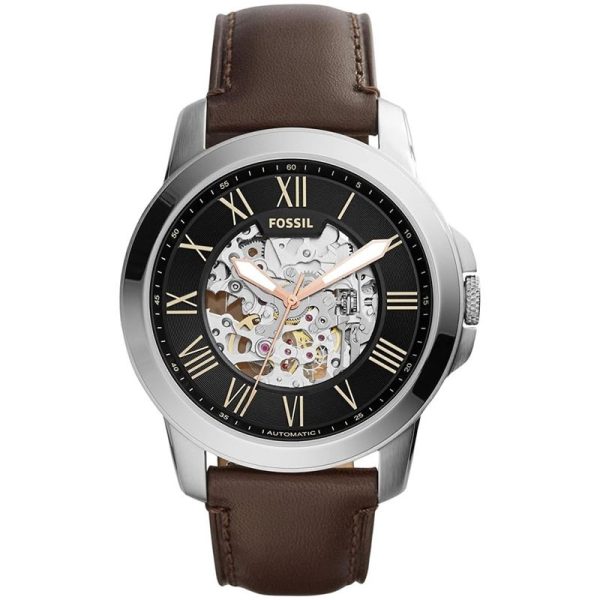 Fossil Men’s Automatic Brown Leather Strap Black Skeleton Dial 45mm Watch ME3100