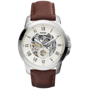 Fossil Men’s Automatic Brown Leather Strap Cream Skeleton Dial 44mm Watch ME3052