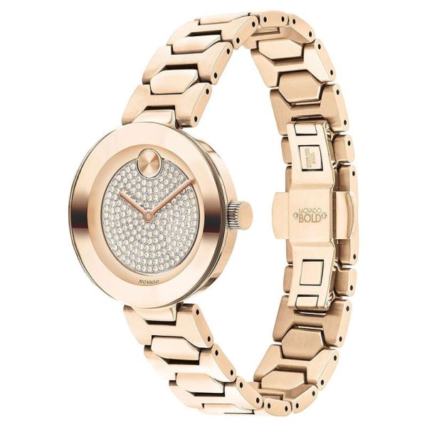 Movado Women’s Swiss Made Quartz Rose Gold Stainless Steel Crystal Pave Dial 32mm Watch 3600493