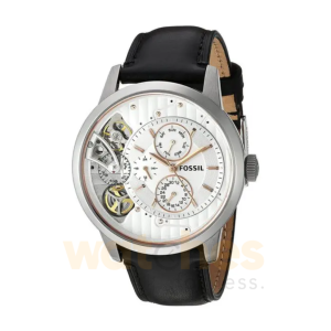 Fossil Men’s Automatic Black Leather Strap White Skeleton Dial 44mm Watch ME1164