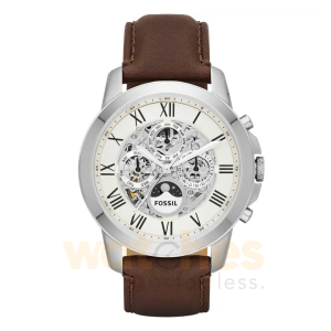 Fossil Men’s Automatic Brown Leather Strap Off-White Skeleton Dial 44mm Watch ME3027