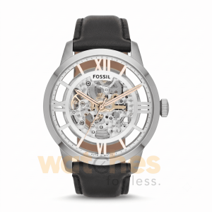 Fossil Men’s Automatic Black Leather Strap Silver Skeleton Dial 42mm Watch ME3041