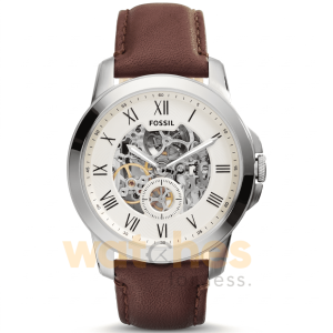 Fossil Men’s Automatic Brown Leather Strap Cream Skeleton Dial 44mm Watch ME3052