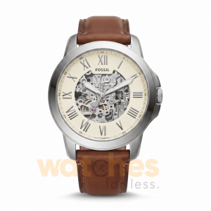 Fossil Men’s Automatic Brown Leather Strap Beige Skeleton Dial 45mm Watch ME3099