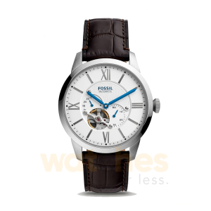Fossil Men’s Automatic Brown Leather Strap White Skeleton Dial 44mm Watch ME3167