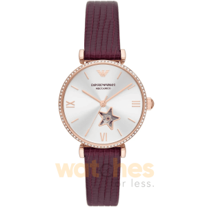 Emporio Armani Women’s Automatic Burgundy Leather Strap Silver Dial 34mm Watch AR60044