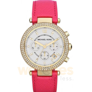 Michael Kors Women’s Chronograph Quartz Pink Leather Strap White Dial 39mm Watch MK2297