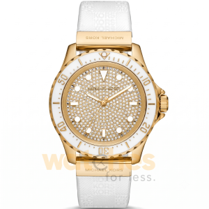 Michael Kors Women’s Quartz White Silicone Strap Gold Pave Dial 43mm Watch MK7357
