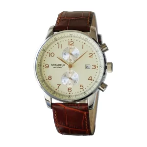 GRANDEUR Japan Men’s Quartz Leather Strap Cream Dial 43mm Watch OSC051W1