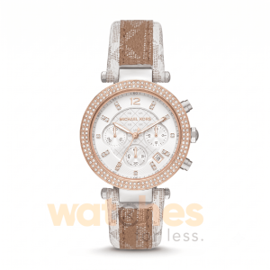 Michael Kors Women’s Chronograph Quartz Brown & White PVC Strap White Dial 39mm Watch MK6950
