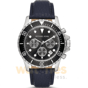 Michael Kors Men’s Chronograph Quartz Blue Leather Strap Black Dial 45mm Watch MK9091