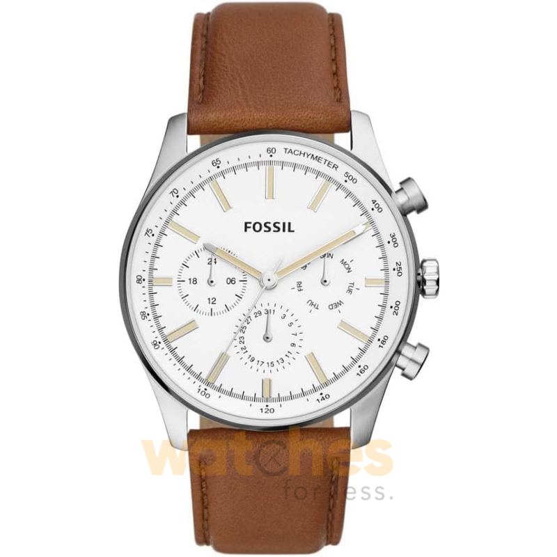 Fossil Men’s Chronograph Quartz Brown Leather Strap White Dial 44mm Watch BQ2748 (Without Tag)