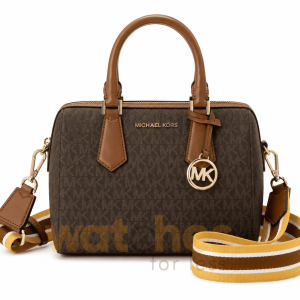 Michael Kors Brown Logo Print Signature Duffle Satchel Bag with Webbing Strap (Size: W:32cm H:21cm D:18cm) 35S4GTFS6B