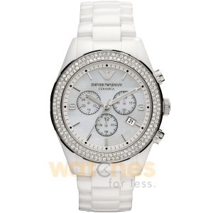Emporio Armani Women’s Chronograph Quartz White Ceramic Chain Mother Of Pearl Dial 43mm Watch AR1456