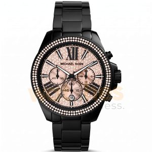Michael Kors Women’s Chronograph Quartz Black Stainless Steel Rose Crystal Pave Dial 43mm Watch MK5879